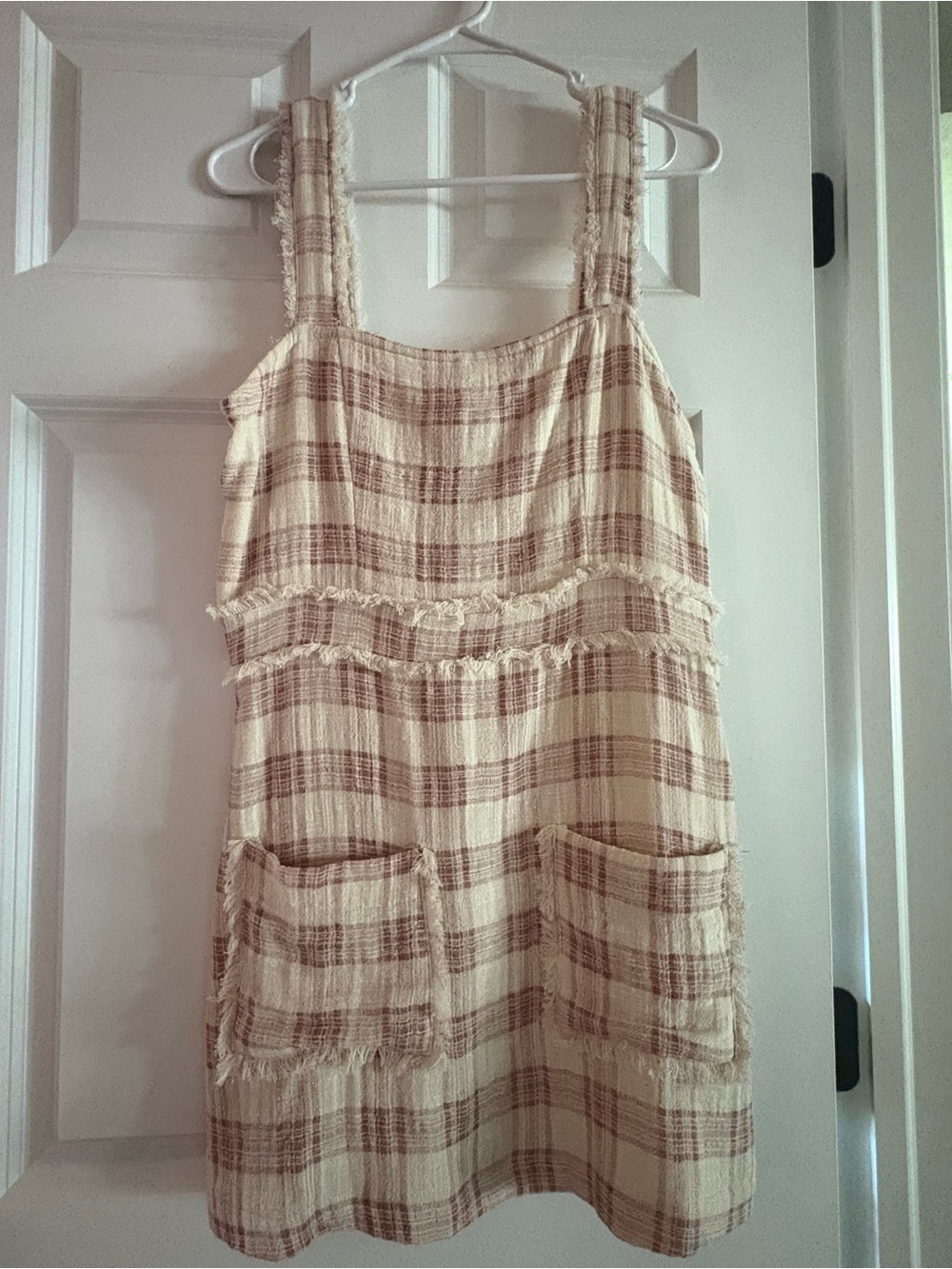 Olivaceous Beige & Brown Plaid Fringe Pocket Dress